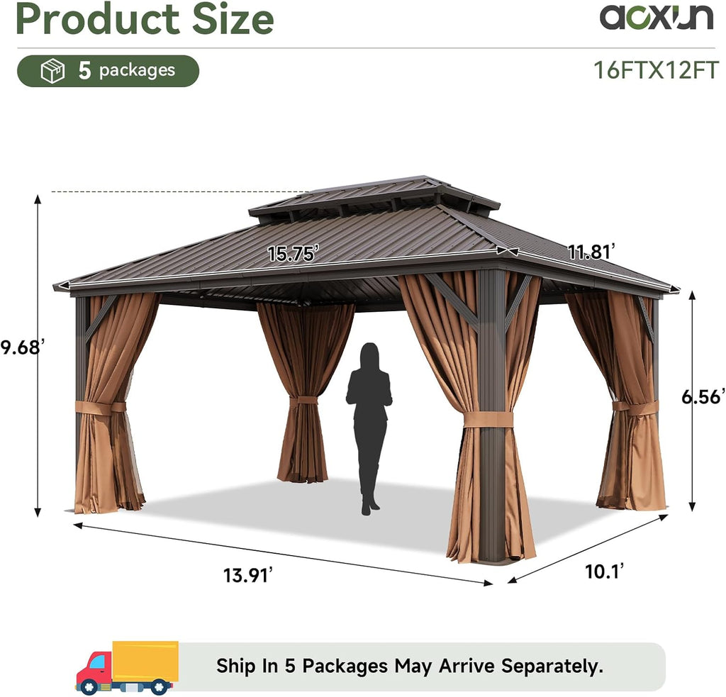 12'x16' Hardtop Gazebo, Permanent Metal Pavilion with Galvanized Steel Double Roof