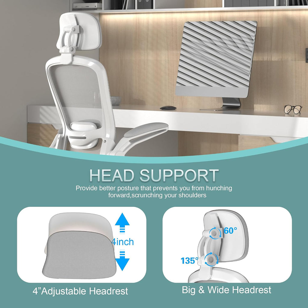 High Back Ergonomic Desk Chair with Adjustable Lumbar Support and Headrest, with flip-up Armrests for Guitar Playing