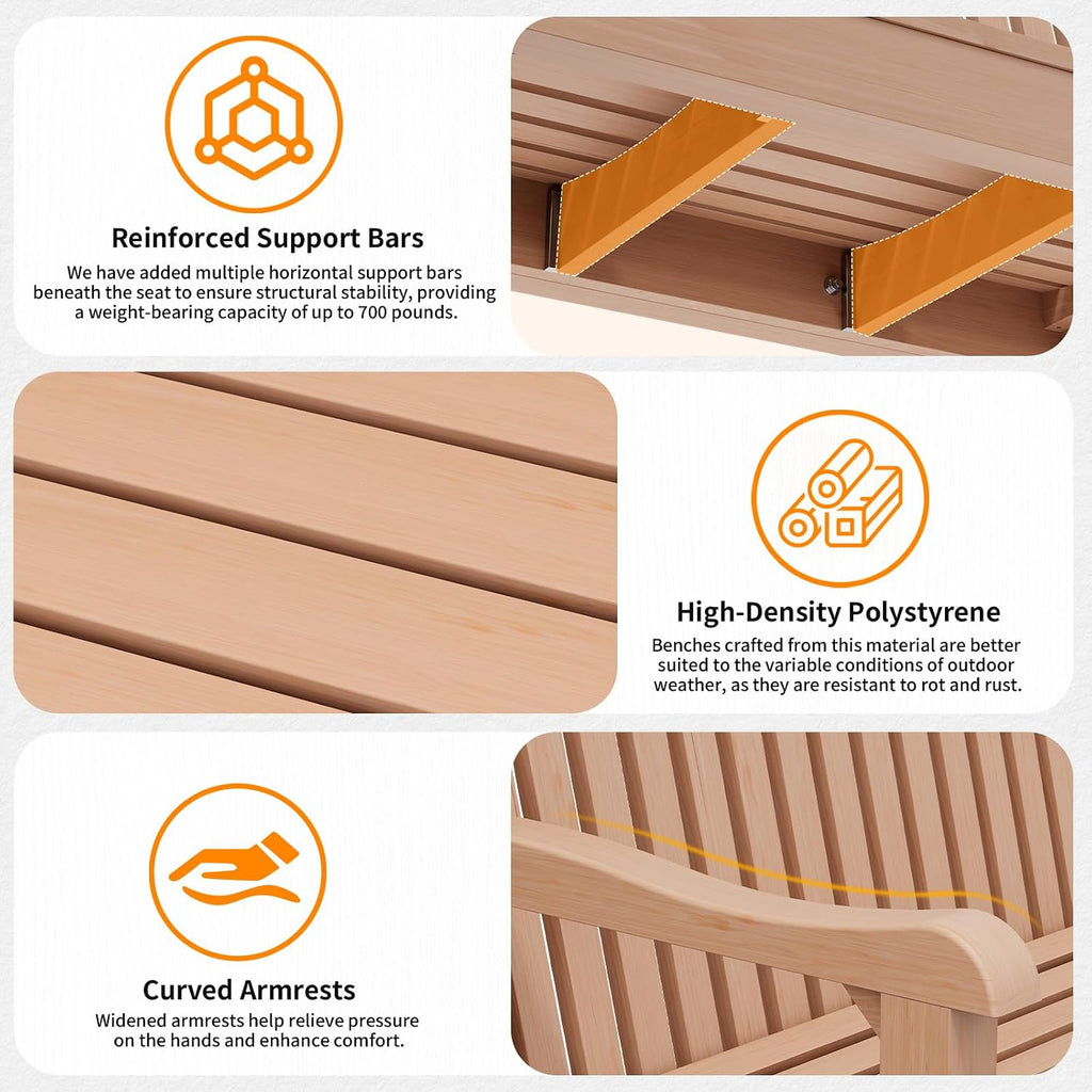 2-Person Outdoor Bench with 700 Lbs Weight Capacity, Teak | Poly Lumber Weatherproof Garden Bench Seating for Porch