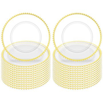 24 Pack Clear Charger Plates With Gold Beaded Rim - 13 Inch Plate Chargers for Dinner, Acrylic Decorative Plates