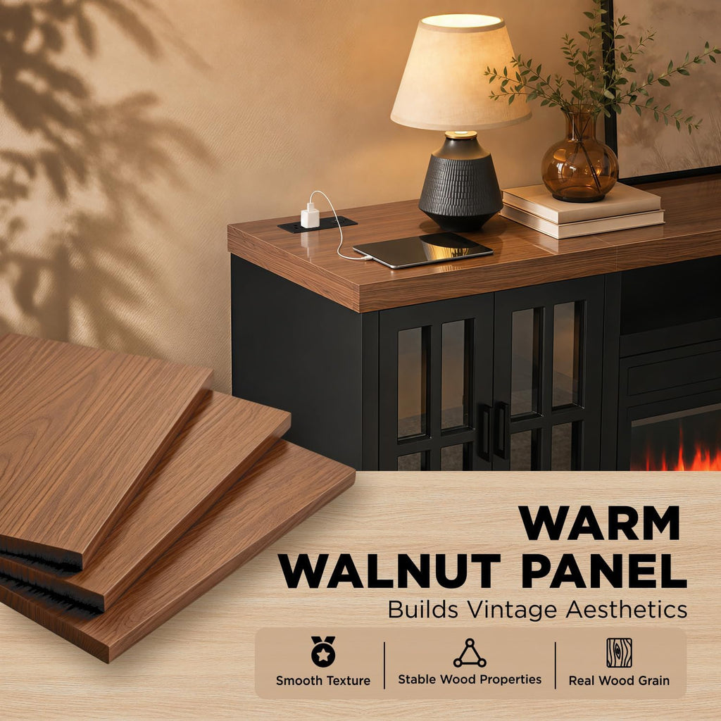 86" Solid Wood Fireplace TV Stand, Entertainment Center with 36" WI-FI Electric Fireplace,Modern TV Media Console