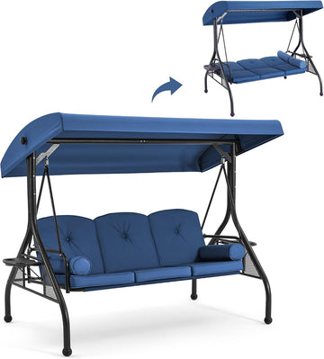 3-Seat Outdoor Porch Swing with Adjustable Canopy, Convertible 2-in-1 Patio Swing Bed with Heavy Duty Stand, Glider