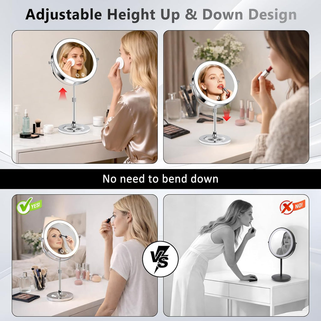 9" Makeup Mirror with Lights,5000mAh Rechargeable Vanity Mirror,1X/10X Double Sided Magnifying Mirror with Adjustable