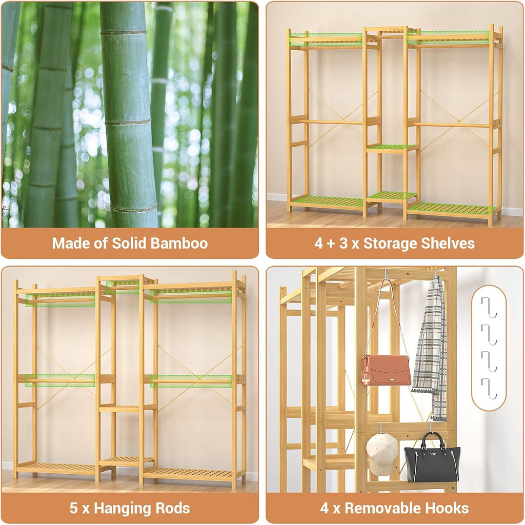 Bamboo Closet System Clothes Rack, Large Freestanding Garment Rack Clothing Rack for Hanging Clothes with 7 Storage