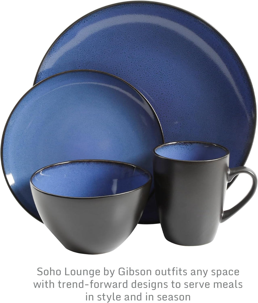Soho Lounge Round Reactive Glaze Stoneware Dinnerware Set, Service for 4 (16pc), Blue, Soho Round
