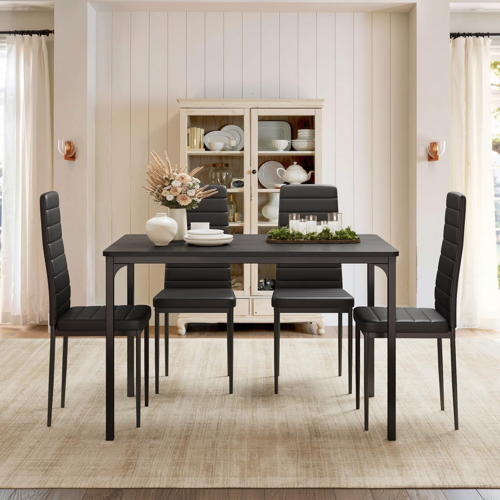 5-Piece Dining Table Set for 4, Kitchen Table with PU Chairs Black