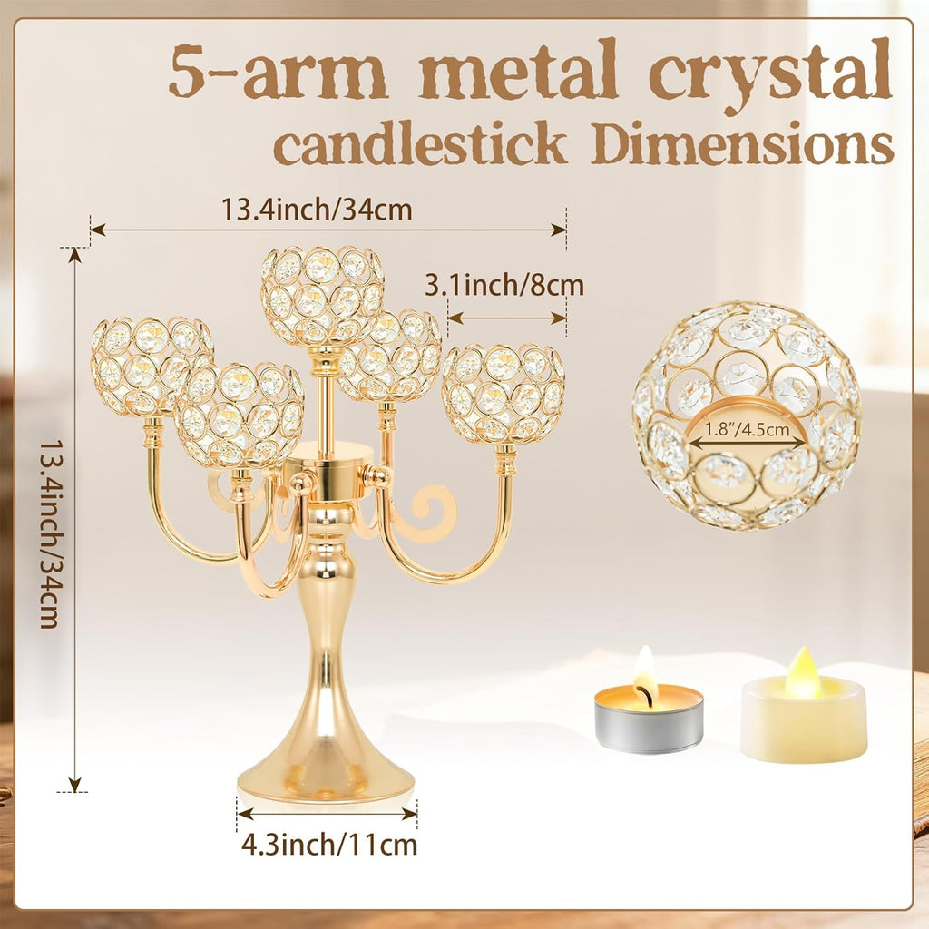 5 Arm Metal Crystal Candelabra Centerpiece - 13.4 Inch Elegant Candle Holder with Crystal Beadsable Decoration (2, Gold)
