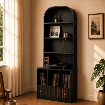 MCM Record Player Bookshelf, Tall Record Player Cabinet with Vinyl Storage and Drawer, Walnut Turntable Stand with