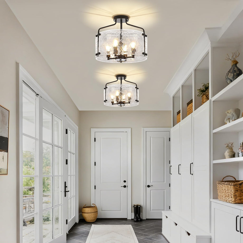 4-Light Modern Black Semi Flush Mount Ceiling Light, 15.35" Thick Hammered Glass Entryway Light Fixture Drum