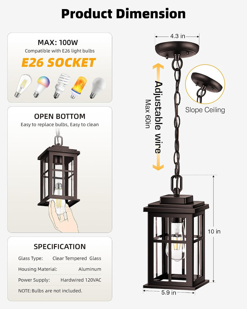 Bronze Hanging Porch Light, Modern Outdoor Pendant Lights for Porch