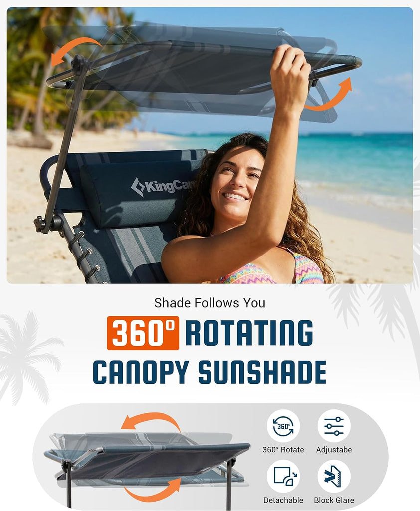 400LBS Lounge Chair with Face Hole & Canopy Shade, Blue/Grey | Folding Portable Tanning Chair with Pinch-Proof Safety