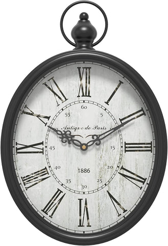 Menterry Oval Retro Wall Clock, Rustic Vintage Style, Black Antique Design