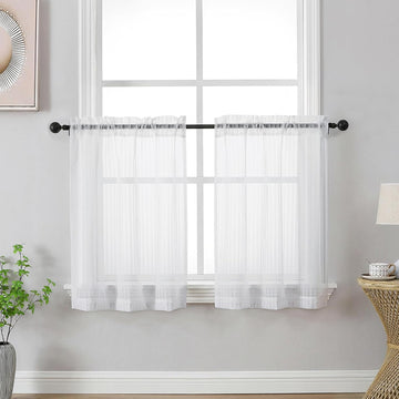 White Striped Kitchen Curtains - Short Semi Sheer Cafe Curtains Tier 36 Inch Length 2 Panels Set, Light Filtering - Set of 2