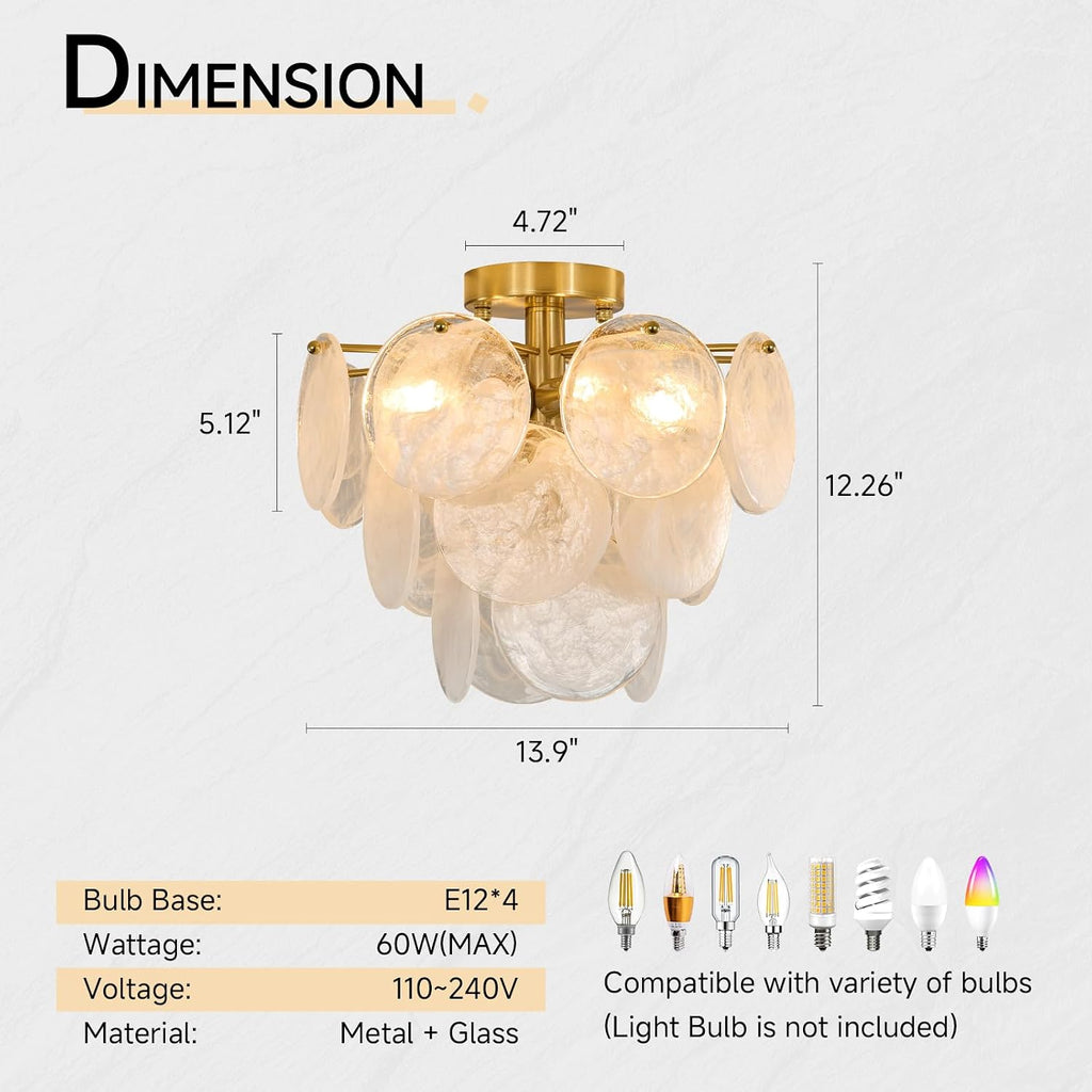 Gold Semi Flush Mount Chandelier, Round Cloud Glass Bedroom Light Fixtures | Modern Mid Century Small Bathroom