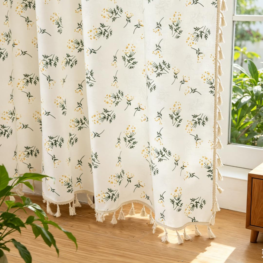 Floral Tassel Curtains, Boho Farmhouse Window Drapes 96 Inch