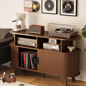 Record Player Stand, Midcentury Modern Furniture Turntable Stand with Sliding Doors, Audio-Video Shelving Cabinet