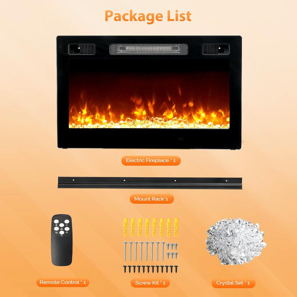 30 Inch Electric Fireplace with Remote Control, 1500W Wall Mounted & Recessed Fireplace with 12H Timer