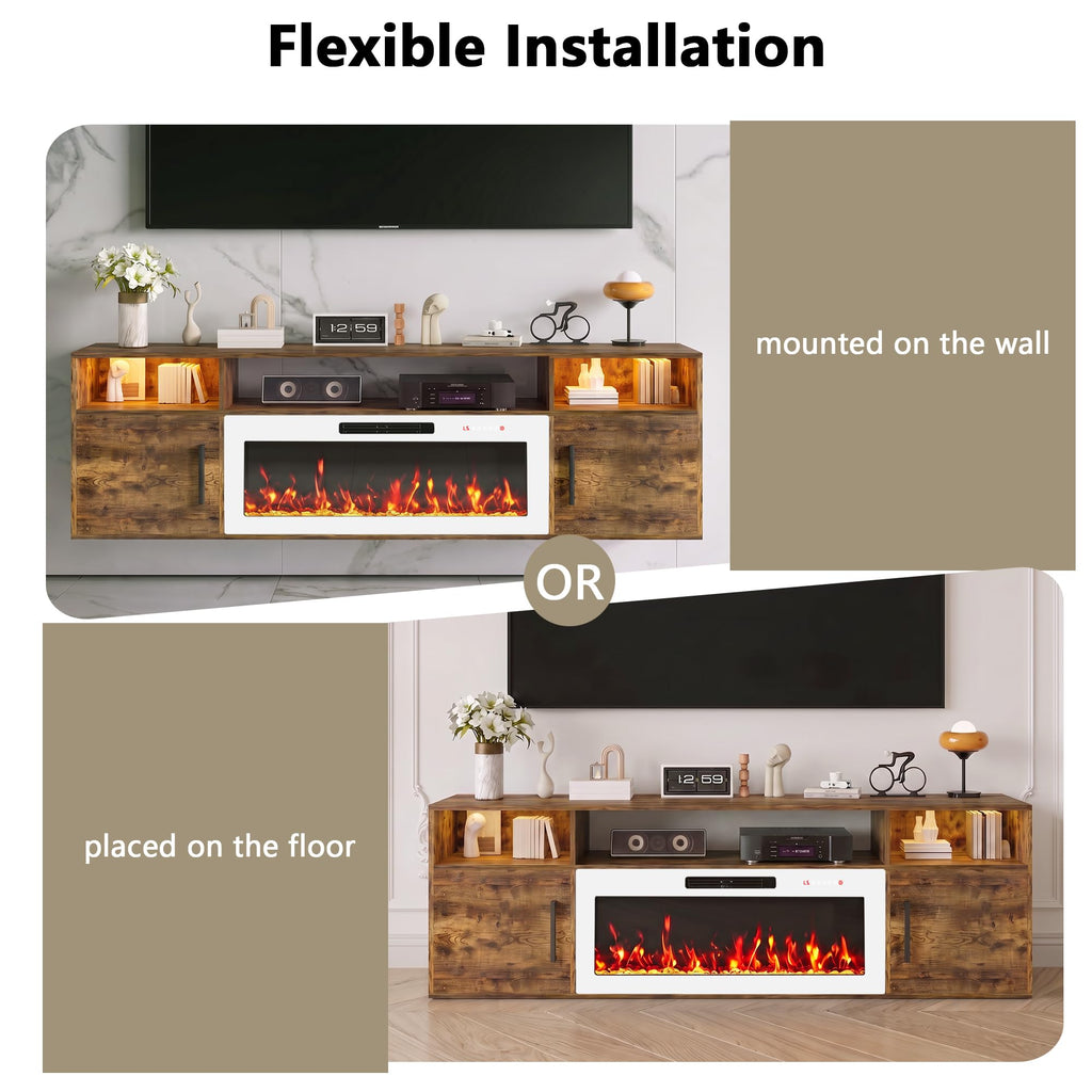 70" Floating with 36" Electric Fireplace, High Gloss Finish Wall Mounted Electric Fireplace with Storage and 16