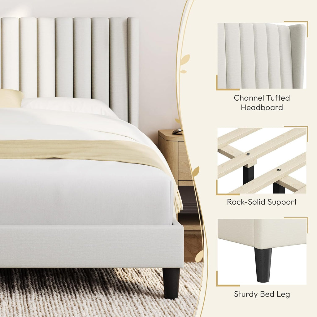 Queen Bed Frame Upholstered Platform Bed with Fabric Headboard