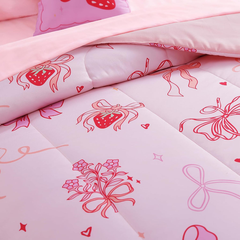 Comforter Set for Girls - 4 Pieces Pink Bow Bedding Sets for Kids, 1 Comforter, 2 Shams and 1 Decor Pillow