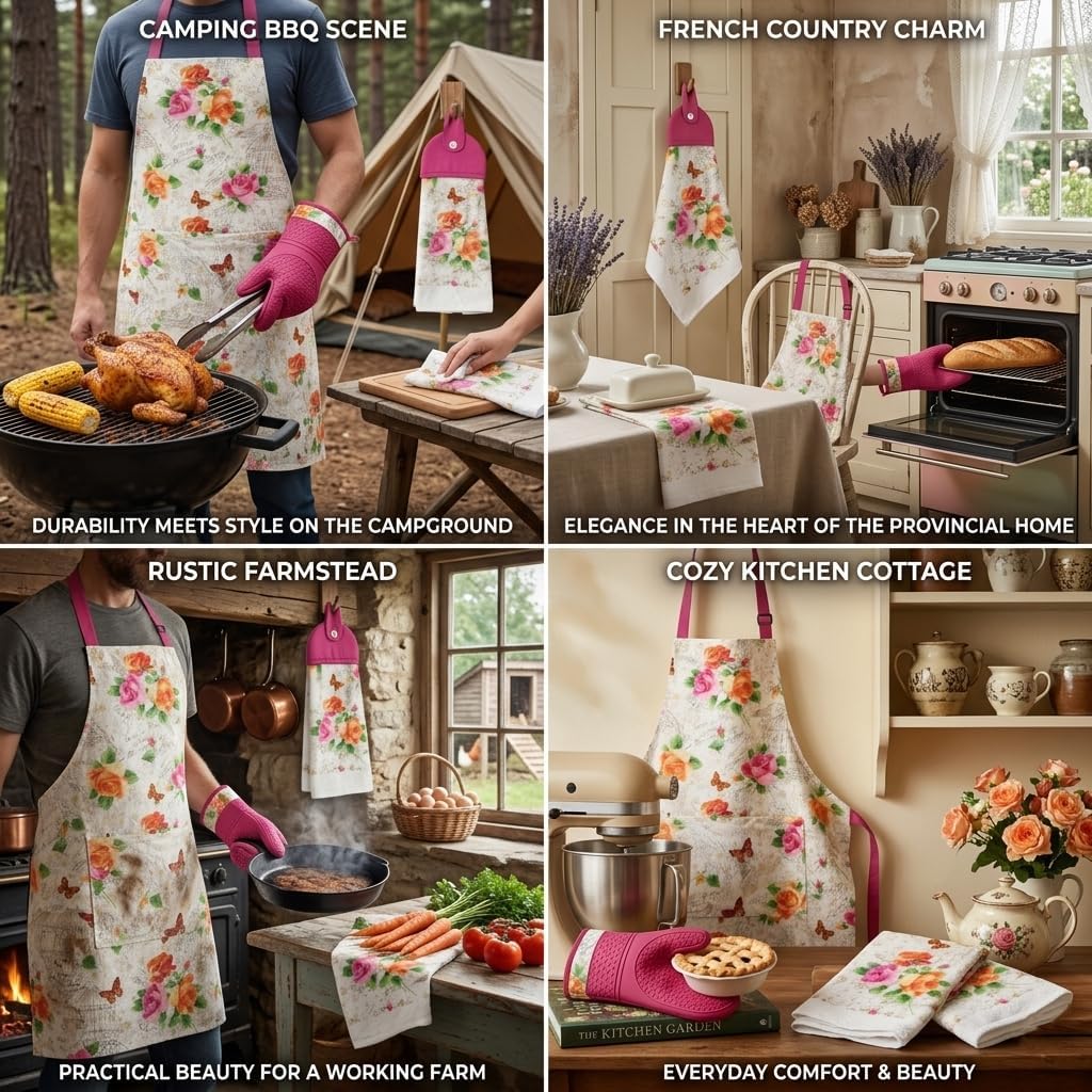 4-Piece Kitchen Linen Set, Apron, Oven Mitt & Towel Gift | Complete 4-piece cotton kitchen linen set designed for