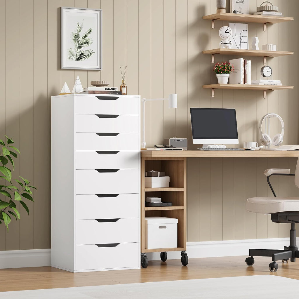 Tall White Dresser, 8 Drawer Dresser with Groove Handles, White Tall Dressers, Modern Chest of Drawers with Large