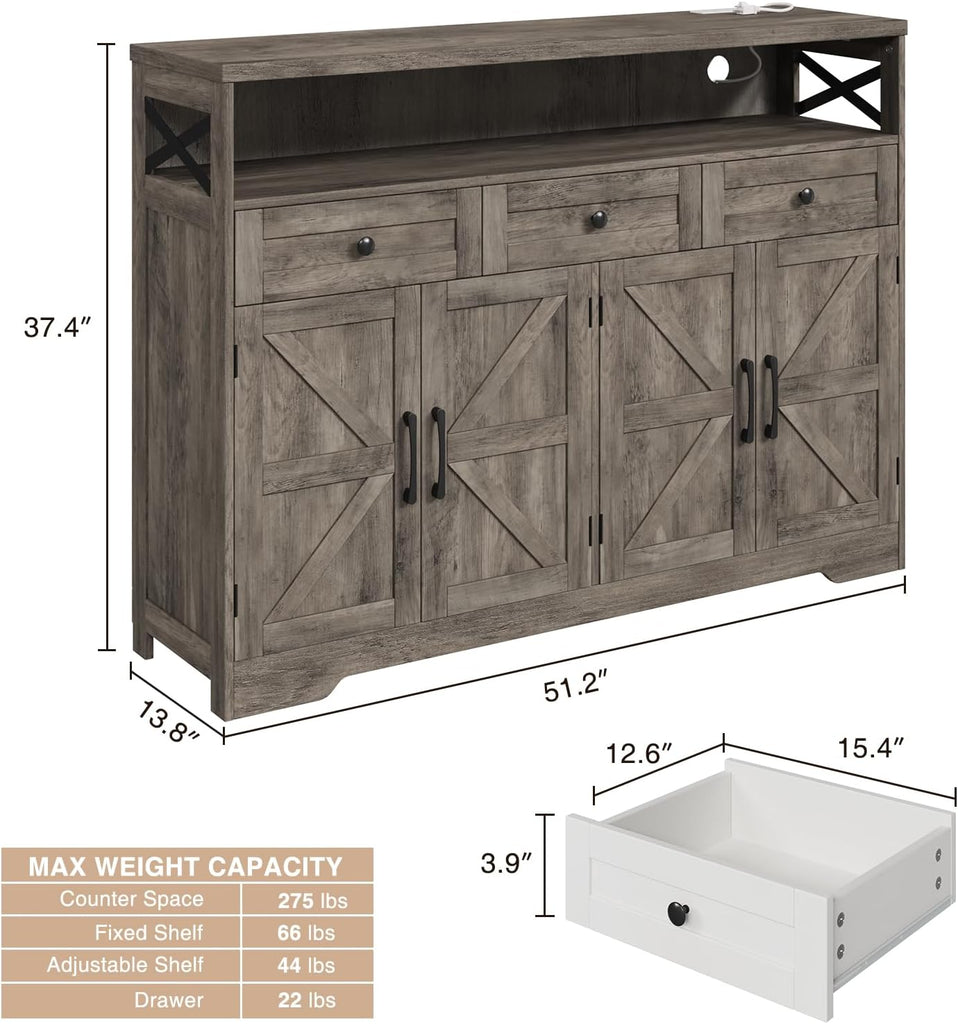 51" Farmhouse Buffet Sideboard with Storage, Kitchen Pantry Cabinet