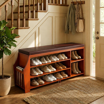 50" Bamboo Shoe Storage Bench with Padded Faux Leather Seat and 550 lbs Capacity, 3-Level Adjustable Shelf, Side