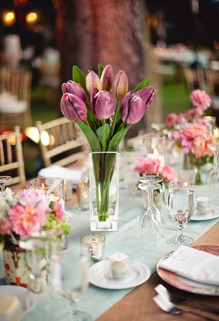Fake Flowers Artificial Tulip Flower Purple in Clear Vase, Real Touch EVA Tulip Arrangement Suitable Fall Decoration