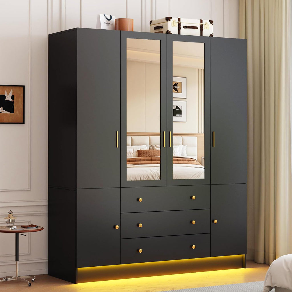 4 Doors LED Armoire Wardrobe Closet with Mirror, 75" Tall Modern Wooden Wardrobe Closet with 3 Drawers, Freestanding