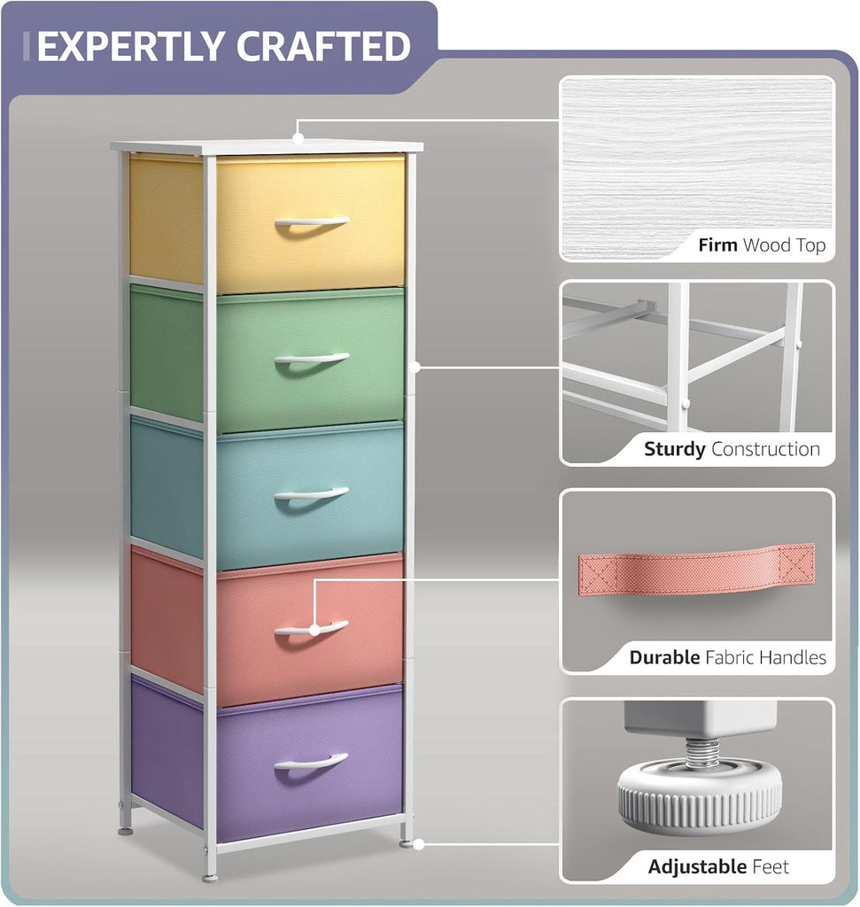 Fabric Dresser for Kids Bedroom - Chest of 5 Drawers, Tall Storage Tower, Clothing Organizer, for Closet, , Steel