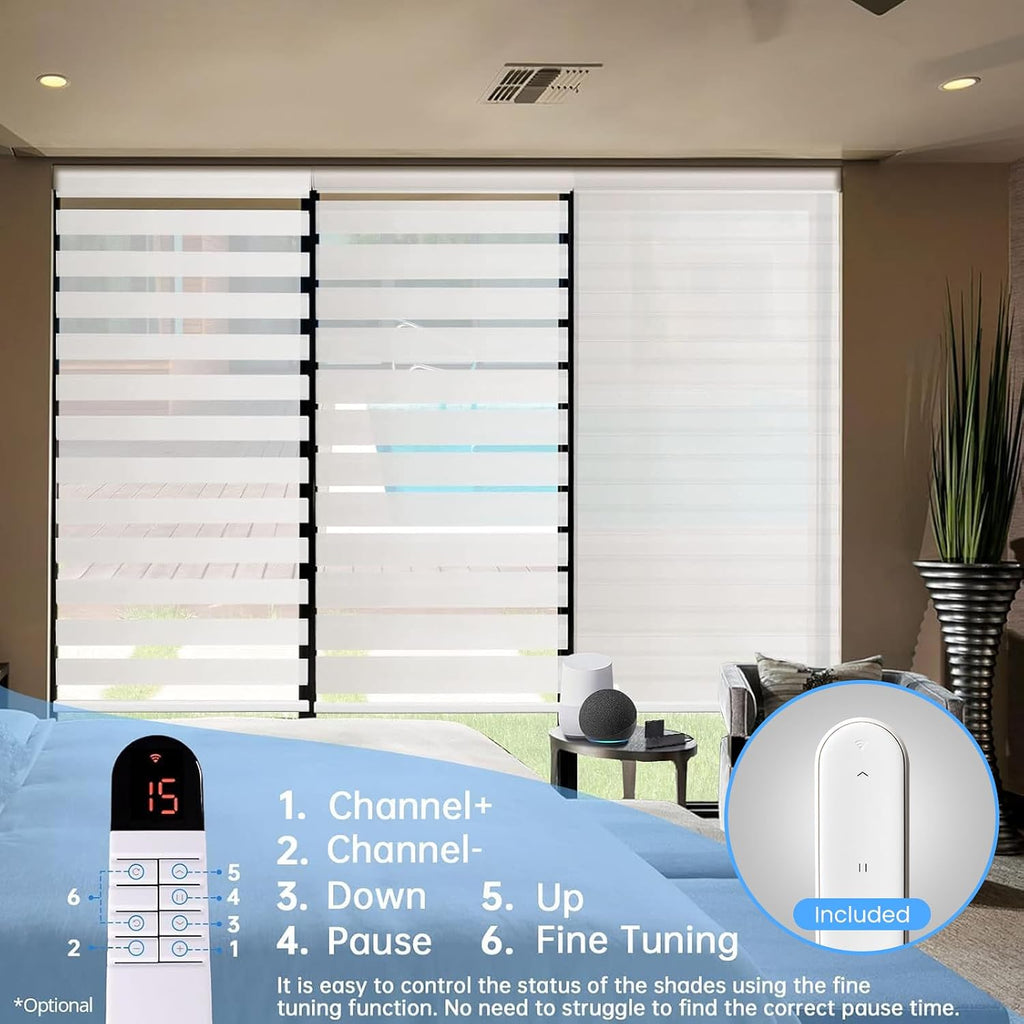 Motorized Zebra Blinds with Remote, White, 23" W x 72" H