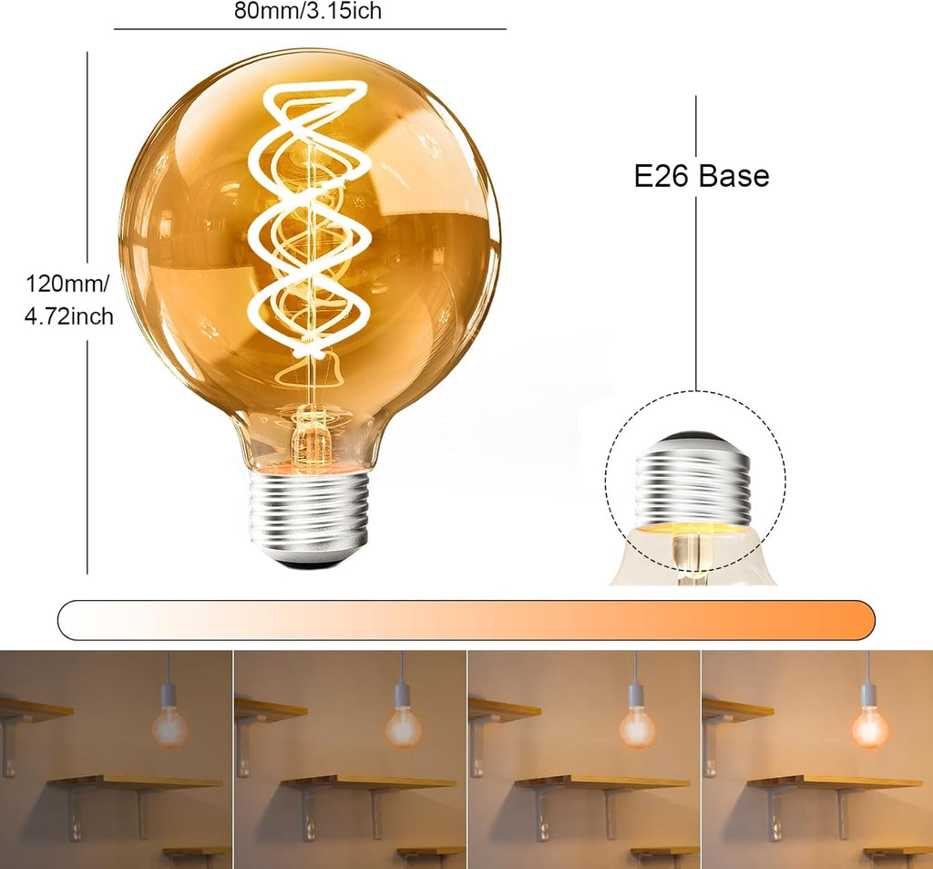 G80 Vintage Edison Light Bulbs Dimmable 4W (40W Equivalent) Led Filament Bulbs Warm 2200K CRI80+ E26 25000hours
