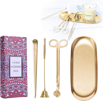 4 in 1 Candle Accessory Set - Wick Trimmer, Snuffer, Dipper, Storage Tray for Candle Lovers, Holidays (Gold) - Set of 4