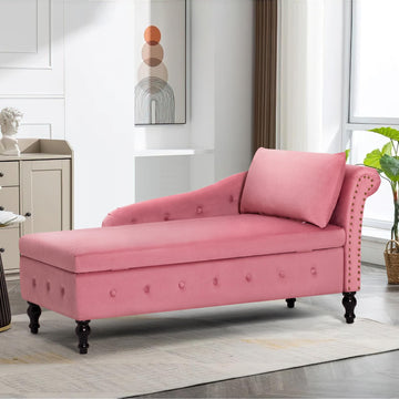 Velvet Chaise Lounge w/Right Armrest & Storage Space, Pink