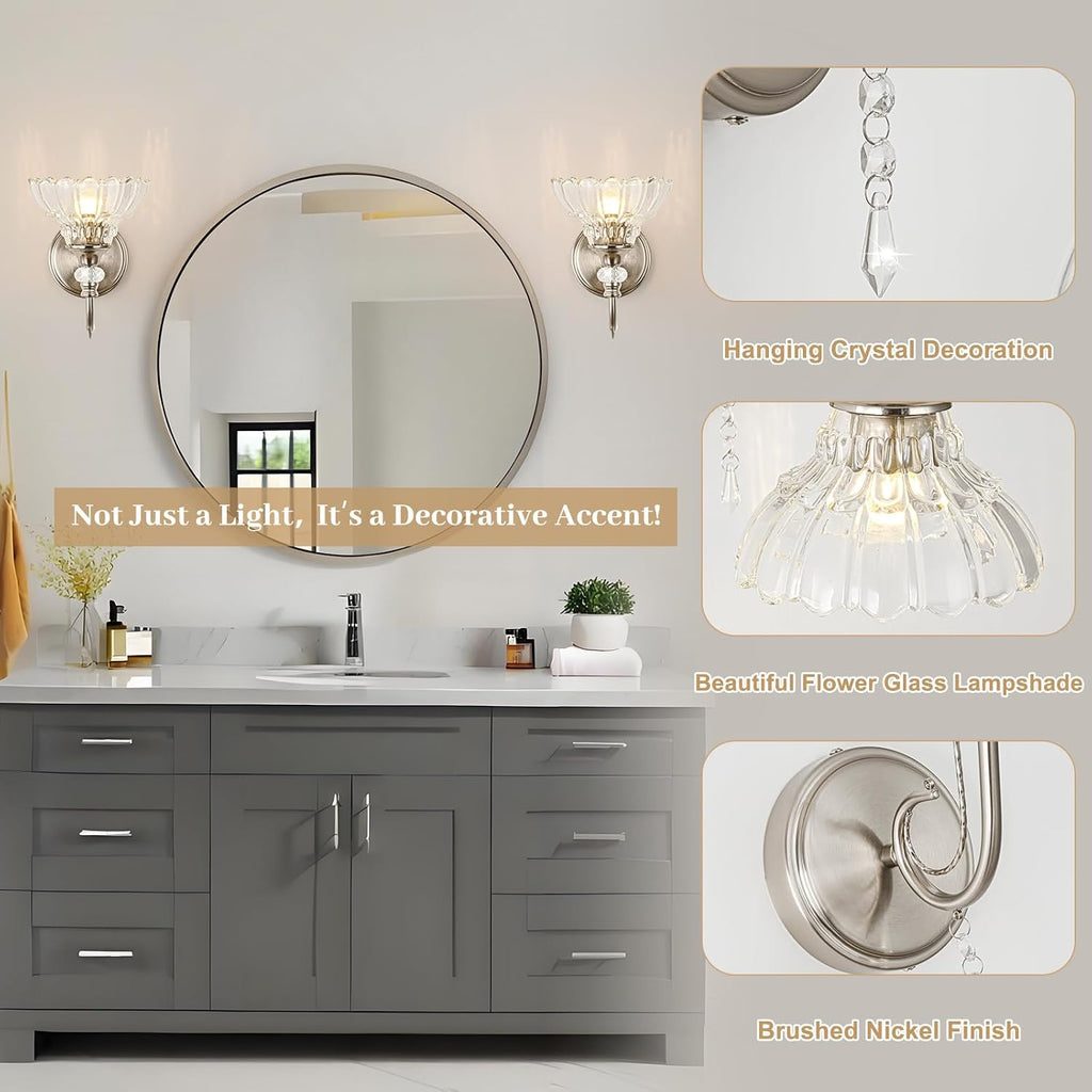 1 Piece Brushed Nickel Finish Wall Sconce, 1-Light Modern Wall Sconce with Hanging Crystal Accents and Flower-Shaped