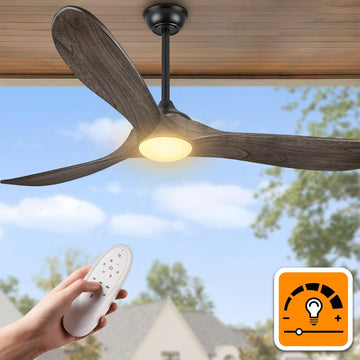 Inspired Maverick Style 52 Inch Farmhouse Rustic Ceiling Fans with Lights, Dimmable Solid Wood Outdoor Ceiling Fan with Light and Remote Control 3 Blades Propeller Ceiling Fans for Patios Indoor Bedroom, Deep Brown