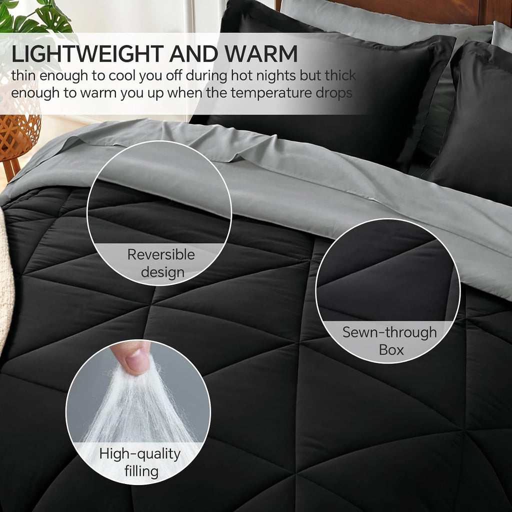 Queen Comforter Set 7 Pieces, Reversible Black Bed in A Bag - Set of 7