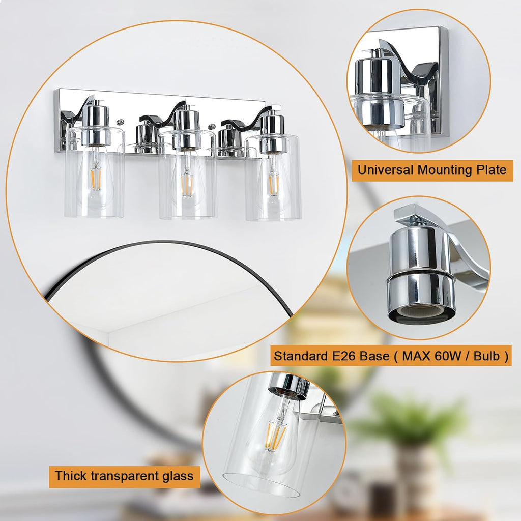 3 Lights Bathroom Light Fixtures Chrome Vanity Light with Clear Glass Shade 18in Modern Bathroom Lighting Fixtures
