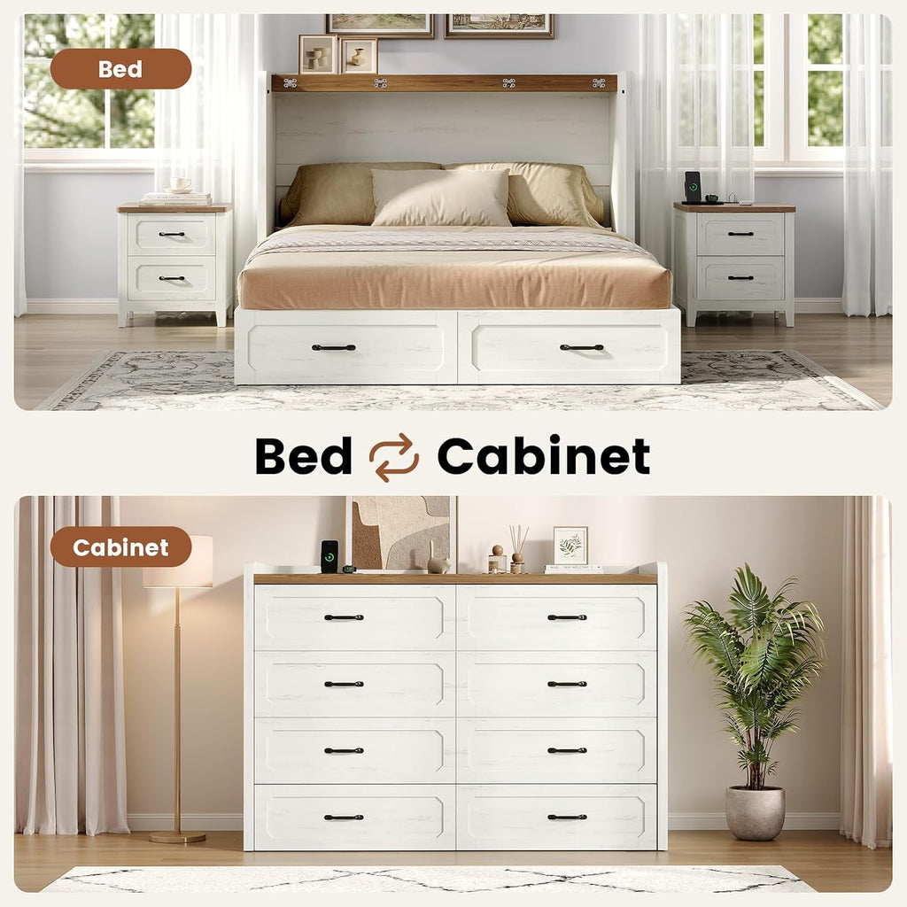 Queen Murphy Bed with 4" Trifold Mattress, Farmhouse Murphy Cabinet Bed with Storage Drawers, Charging Station & Hidden Compartment, Hideaway Bed Cabinet for Bedroom, Guest, Rustic White