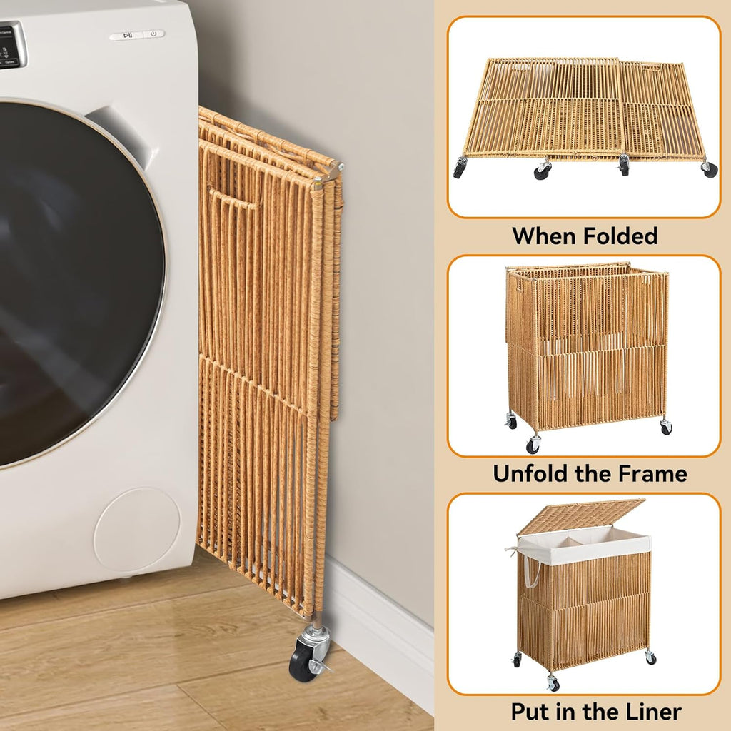 Rolling Laundry Basket Wheels, Handwoven Laundry Hamper with Lid | Double Clothes Hamper with Divided Removable Bag