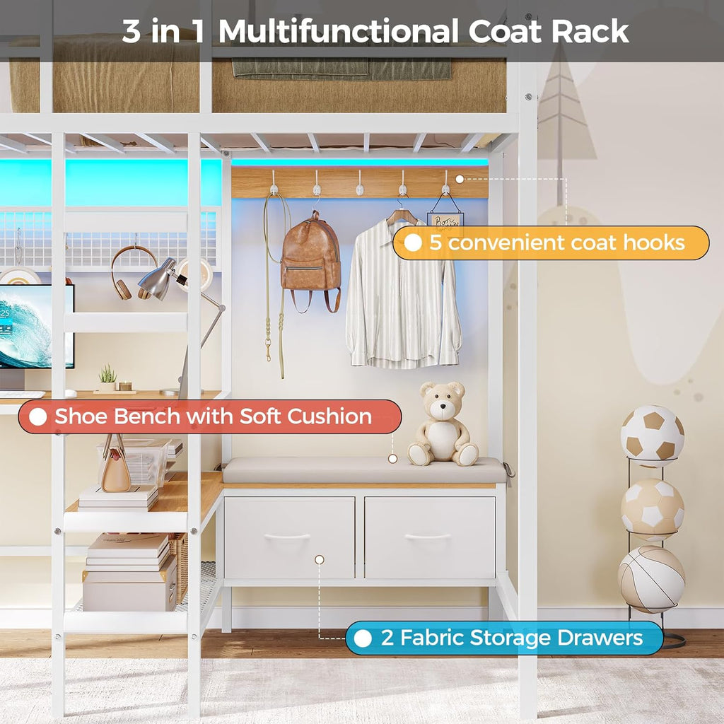 Twin Loft Bed with L-Shaped Desk, Storage Shelves and Charging Station Twin Metal Loft Bed with LED Lights and Coat