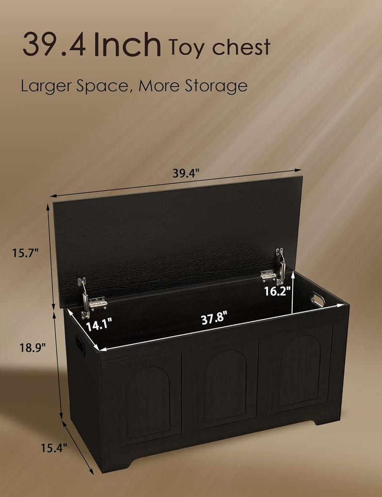 Storage Chest, Wooden Toy Box with Lid, 2 Soft-Close Hinges 39.4" | Entryway Shoe Bench, Finger-safe Flip-Top, Easy