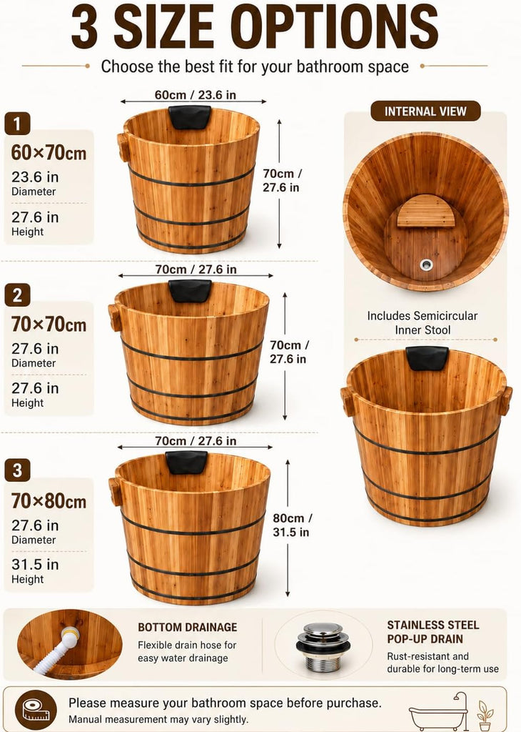 Luxury Fragrant Cedar Soaking Tub - Japanese Style Round Wooden Bathtub with Foot Massager & Full Accessories (wooden