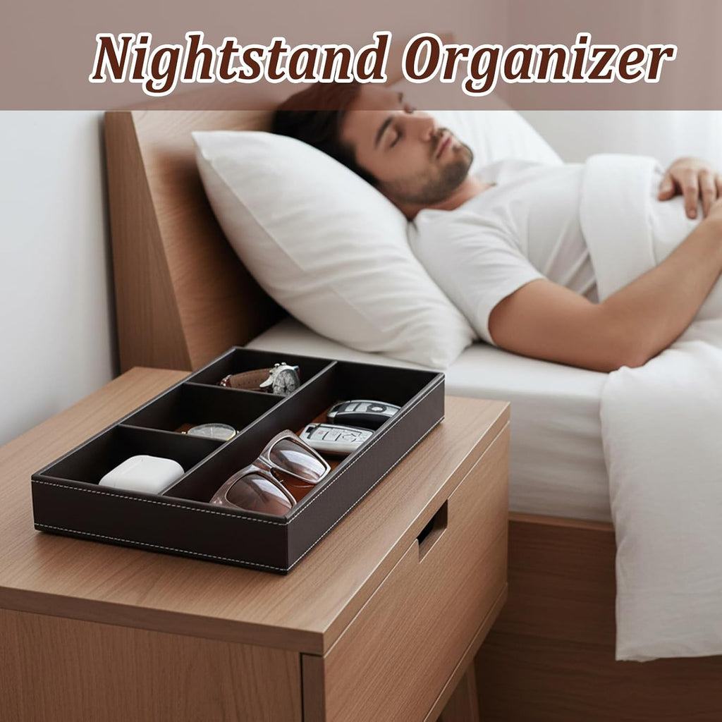 Leather Valet Tray for Men - Premium PU Leather Desk & Nightstand Organizer, Stackable Storage Tray for Keys - Set of 2