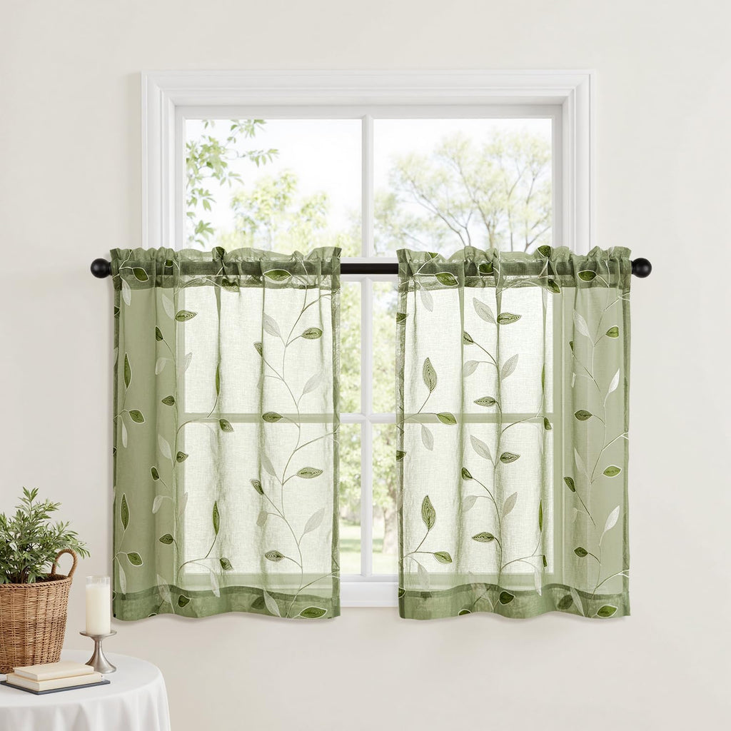 Sage Green Sheer Curtains 2 Panels Leaf Patterned, W52 x L96