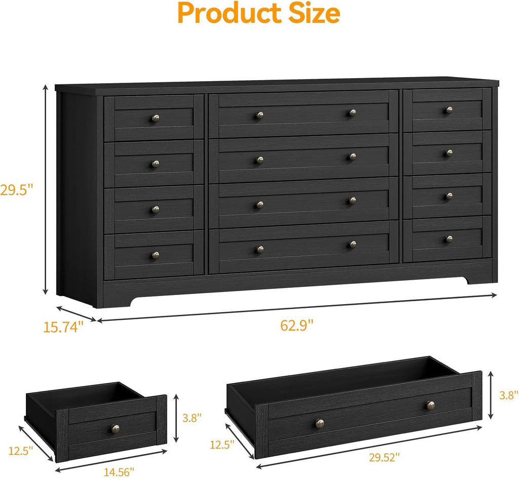 12 Drawer Wood Dresser - 63" Wide Chest of Drawers, Modern Storage Cabinet , Fits 65 Inch TV, Sturdy Wood