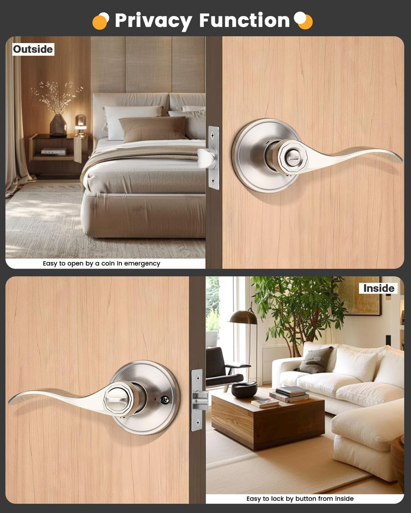 6 Pack Privacy Locksets Interior Door Levers/Handles Bath, Wave Levers, Right Left Handed Door Knobs, Satin Nickel