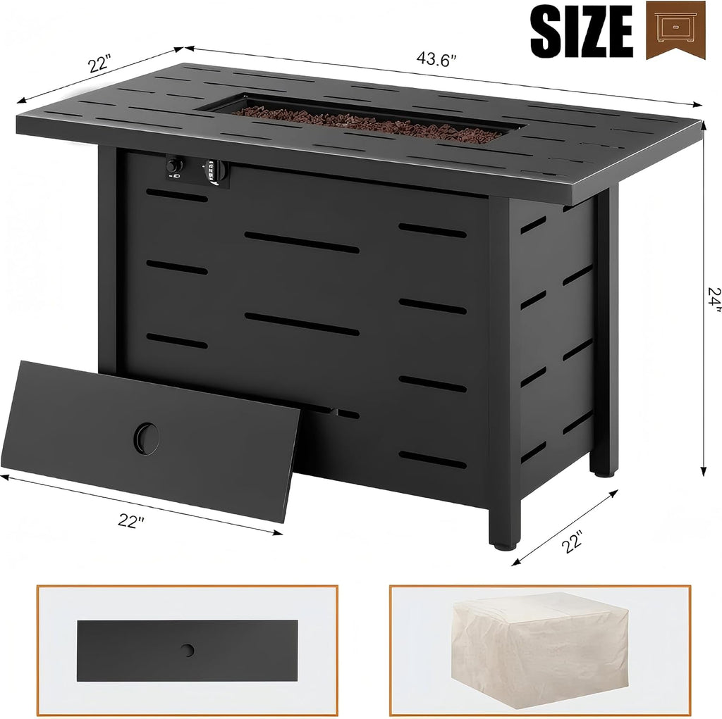 44 Inch Propane Fire Pit Table 50,000 BTU with Lid and Waterproof Cover for Outside Patio - Rectangular, Black