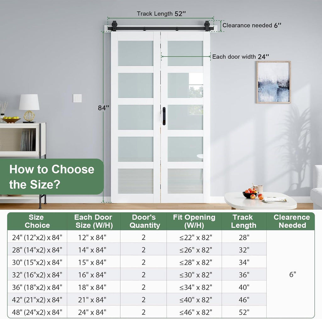 Bifold Barn Door 48x84 Inch (Double 24x84), White Frosted Glass Bifolding Doors with 52" Hardware Kit Included, Closet